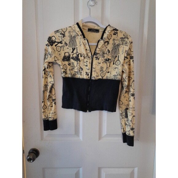 Vintage Jewels Yellow Mod Design ZipUp With Hood Sweatshirt. Pit To Pit 16". B57 - Picture 1 of 4